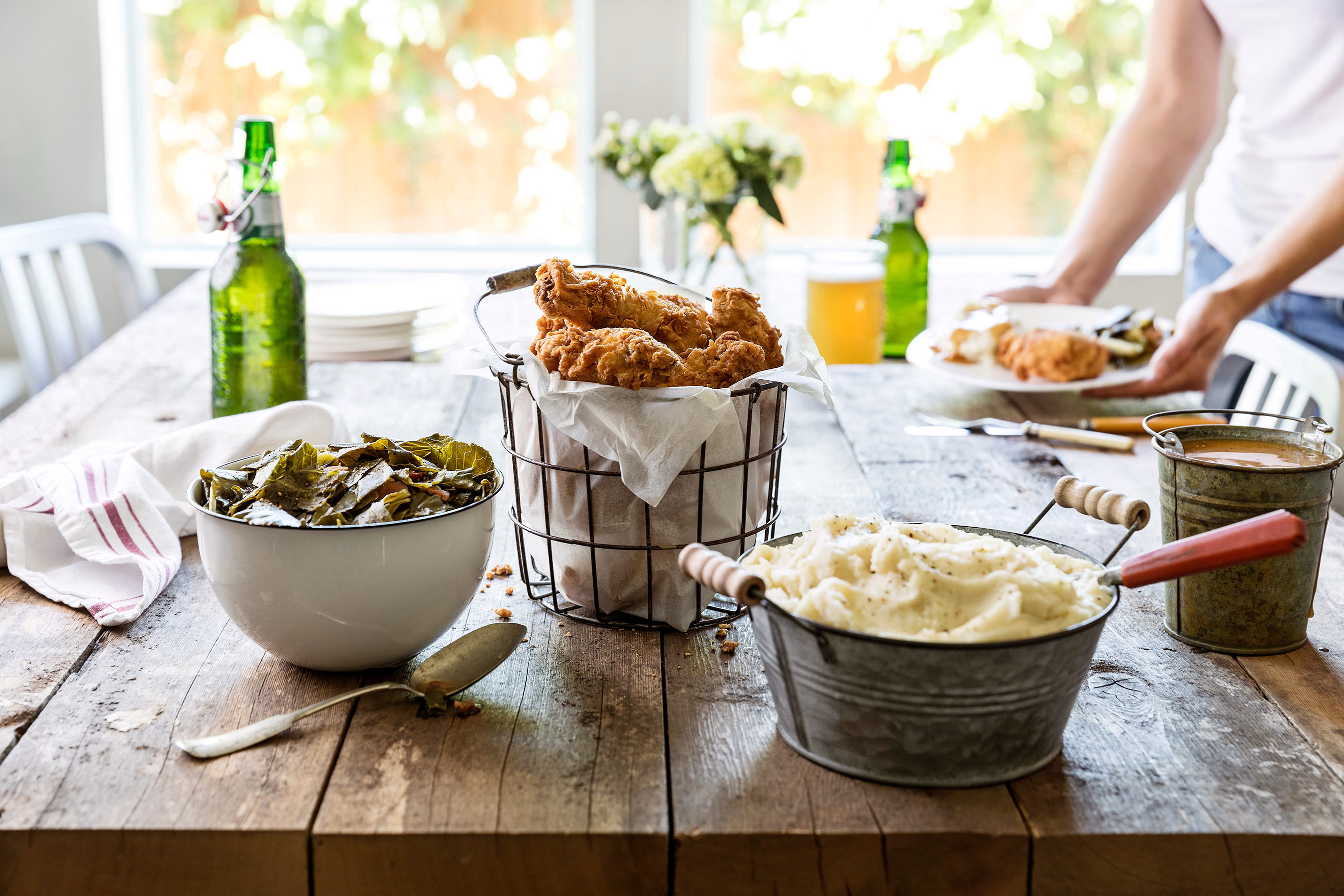 Glanger Photography | Fried Chicken dinner with mashed potatoes and collard greens