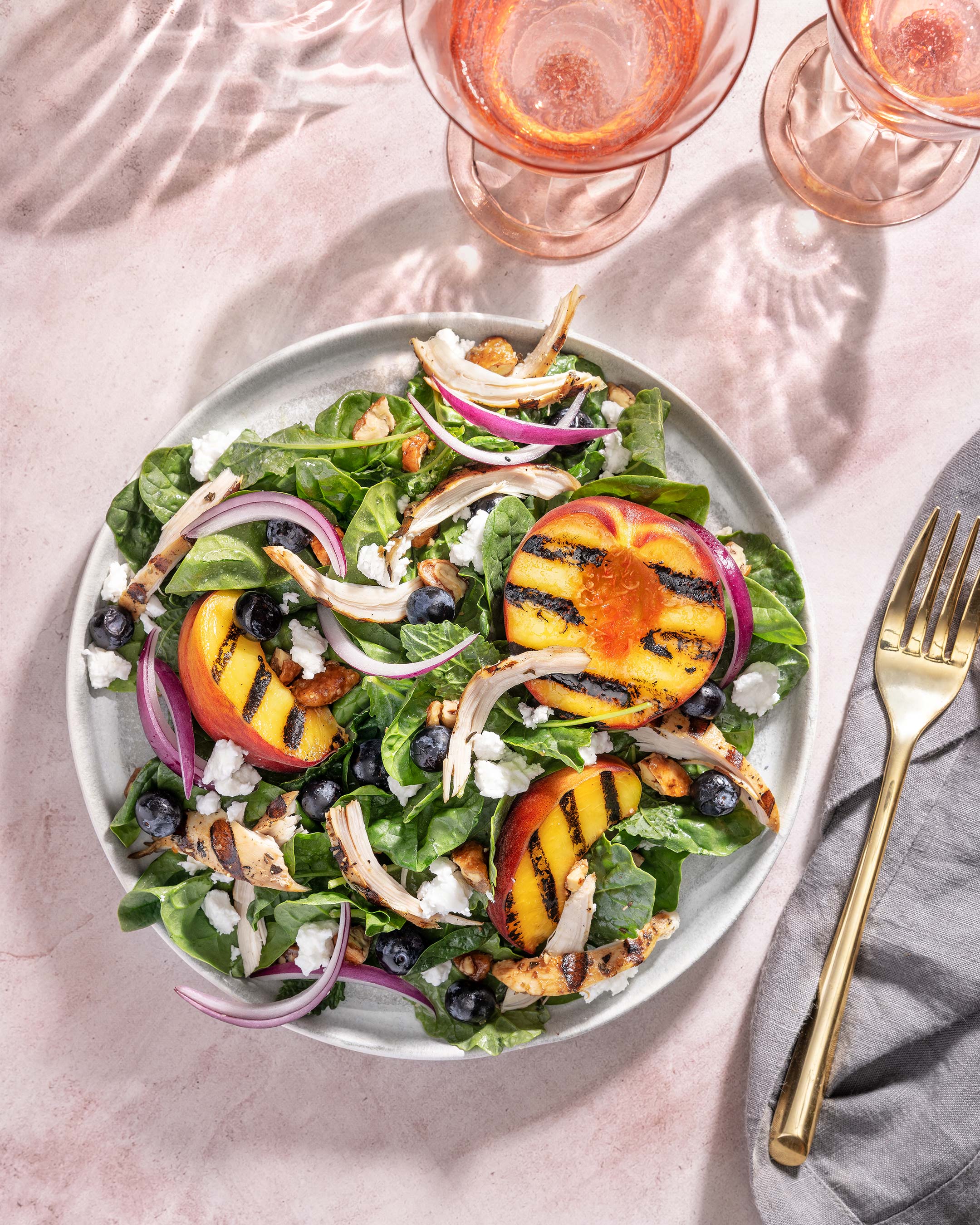 Glanger Photography | Grilled peach summer salad with feta and red onions