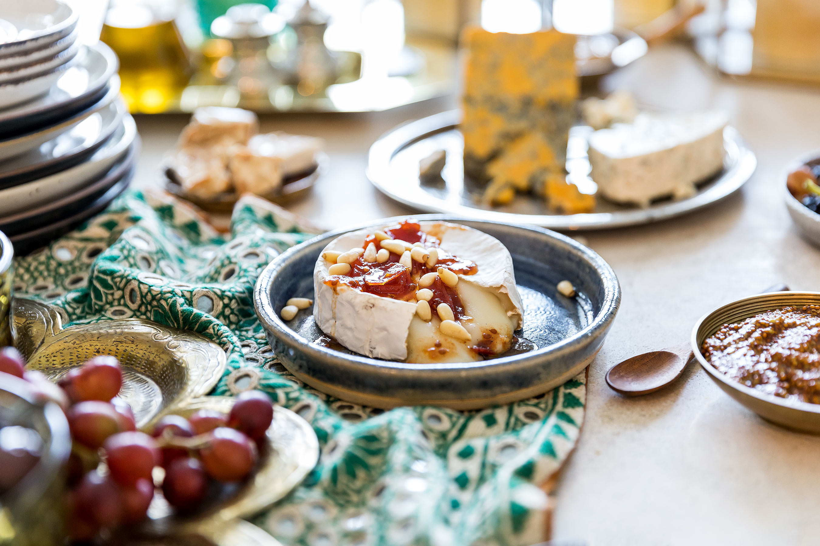 Glanger Photography | Brie cheese close up of Mediterranean spread. 
