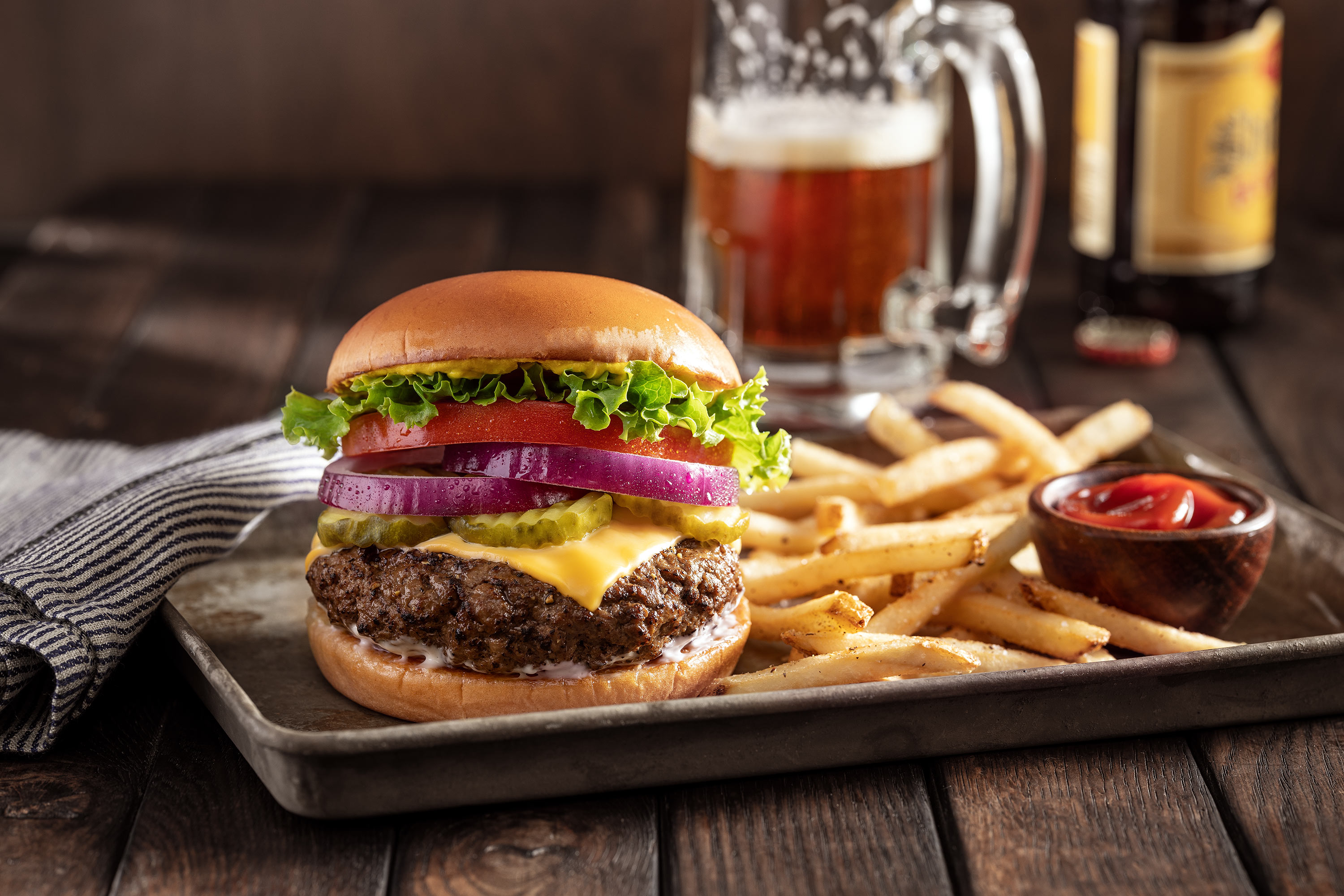 Glanger Photography | Hamburger with French fries and a beer Dallas Texas