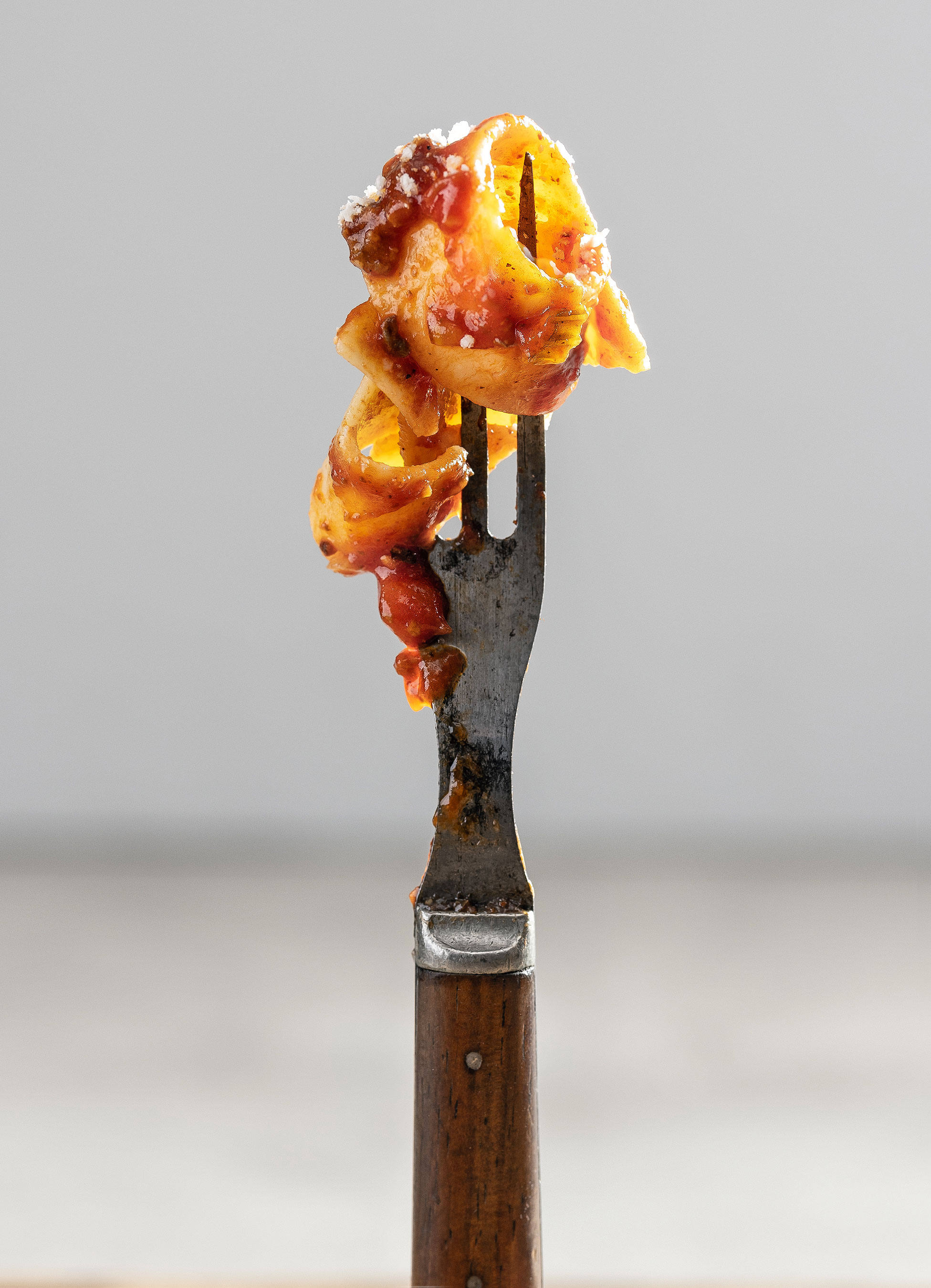 Glanger Photography | A vertical fork with a twirl of Pappardelle bolognese wrapped around it.